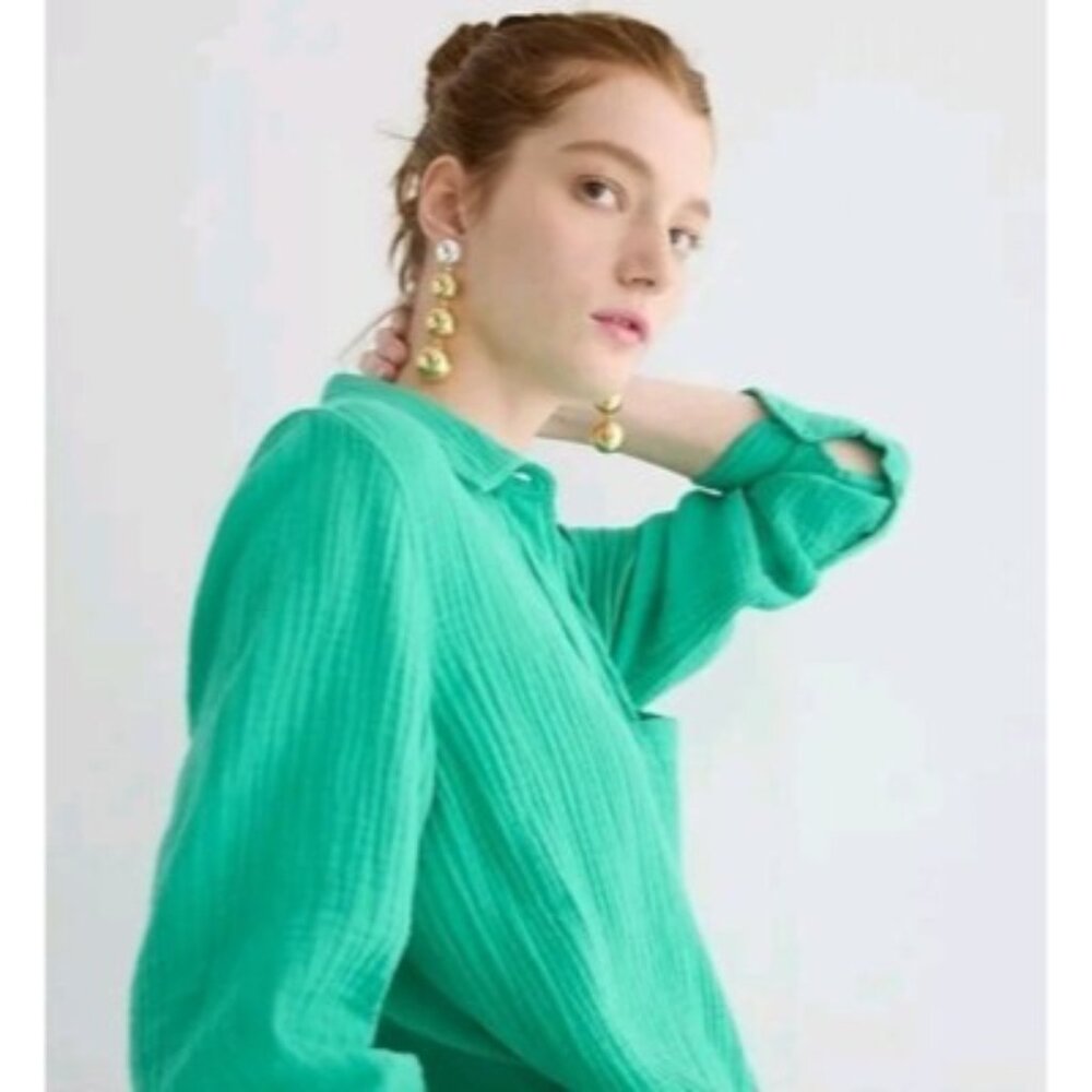 NWT J.Crew Green Crinkle Gauze Cotton Coastal Granddaughter Button Down Top XS - Picture 6 of 16